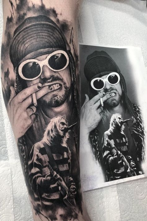 Kurt Cobain Kurt Cobain Tattoo, Mgk Tattoos, Kurt Tattoo, Tato Realis, Nirvana Tattoo, Salvation Tattoo, Rock Tattoo, Tattoo Magazine, Ornamental Tattoo