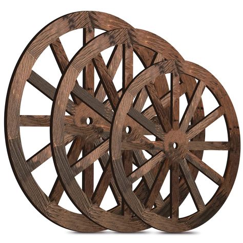 (Sponsored) 3 Pcs 24/27/30 Inch Wooden Wagon Wheel Decor Vintage Rustic Wagon Wheel Western Room Decor 3D Decorative Wall Wood Cartwheel Decor for Indoor Outdoor Home Garden Bar Garage Farmhouse Art Cowboy Party (As an Amazon Associate I earn from qualifying purchases) #gardenart Wagon Wheel Decor, Wooden Wagon Wheels, Metal Wagon, Western Room, Western Wall Decor, Western Rooms, Wagon Wheels, Old Western, Garage Garden