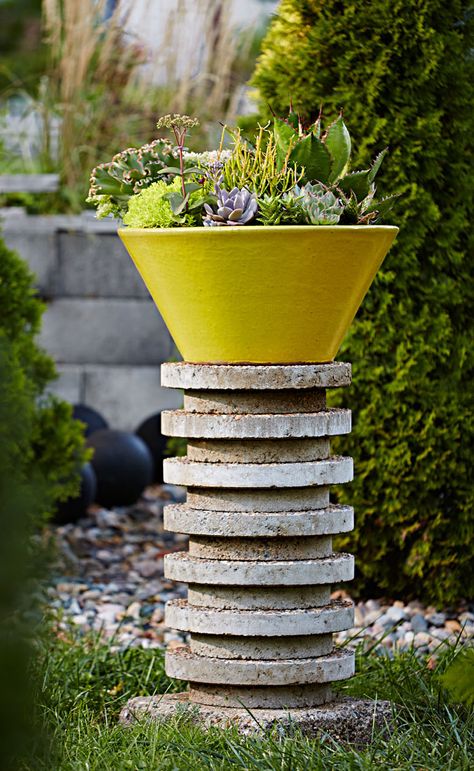 Plant Pedestal, Container Garden Design, Diy Plant Stand, Concrete Pavers, Garden Yard Ideas, Plant Combinations, Tall Plants, Garden Tours, Plant Stands