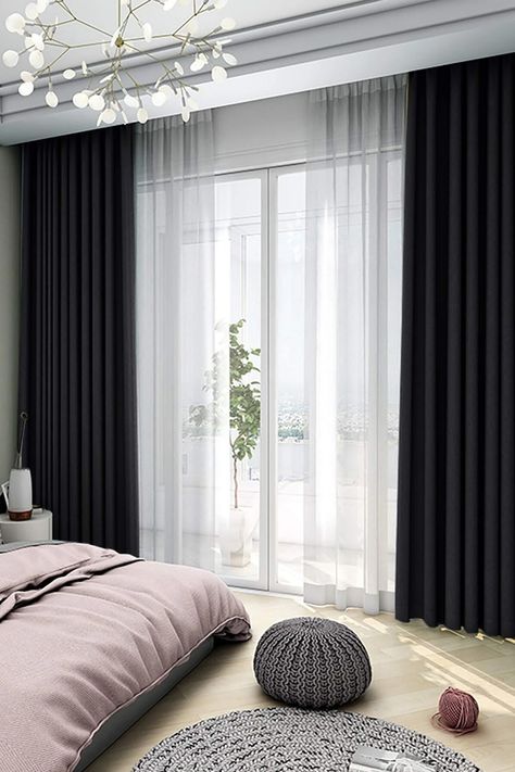 Black Out Curtains Bedroom Ideas, Black Curtains Bedroom, Black Curtains Living Room, Grey Curtains Bedroom, White Curtains Living Room, Beautiful Bed Designs, Blackout Curtains Bedroom, Bedroom Curtain, Luxury Bedroom Design