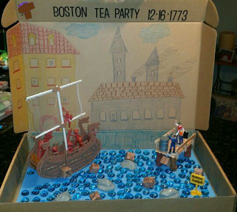 Boston Tea Party Diorama Colonial America Projects, American Revolution Projects, Diaroma Ideas, Field Trip Ideas, Tea Party Crafts, The Boston Tea Party, Social Studies Projects, Boston Tea Party, Explorers Activities