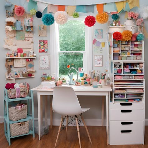 Calling all crafters! This craft room is bursting with inspiration, with plenty of storage space to keep all your supplies organized. The natural light from the window is perfect for working on your latest project. What's your favorite craft to do? Share your creations in the comments! #craftroom #inspiration #organized Craft Room Organization Storage, Desk Area, Desk Areas, Art Storage, Sewing Rooms, Craft Room Organization, Supplies Organization, Craft Studio, Room Organization