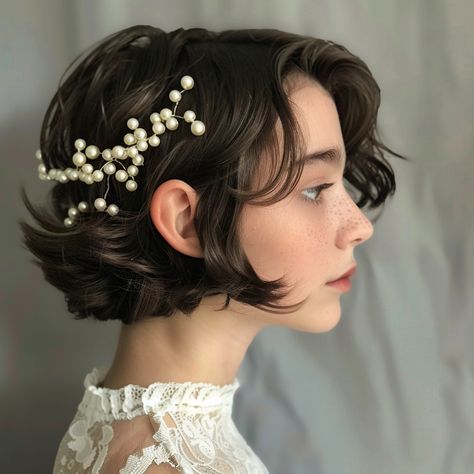 Short Hair Styles Hoco, Short Bob Prom Hairstyles, Wedding Hairstyles For Very Short Hair, Formal Hairstyles For Bob Hair, Cute Formal Hairstyles For Short Hair, Dresses With Short Hair, Short Curly Hair Wedding Styles Brides, Very Short Wedding Hair, Curls Hairstyles Short Hair