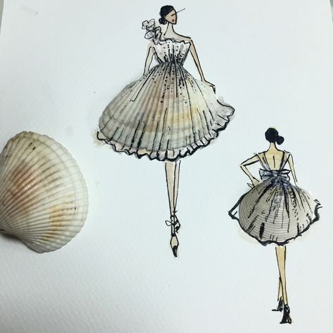 fashion Illustration made of shells by #sarajaps Sea Inspired Fashion Sketches, Shell Dress Fashion, Seashell Dress Design, Sea Shell Inspired Dress, Ocean Theme Dress Illustration, Shell Design Dress, Nature Fashion Illustration, Sea Shell Inspired Fashion, Sea Inspired Fashion Illustration