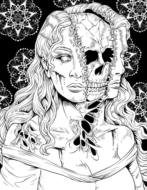 I will design horror hand made art for your album cover or tattoo Gothic Colouring Pages, Scary Coloring Pages For Grown Ups, Beauty Of Horror Coloring Book, Tattoo Coloring Pages, Horror Coloring Pages, Tattoo Art Drawings Sketches, Scary Coloring Pages, Gangster Drawings, Creation Coloring Pages