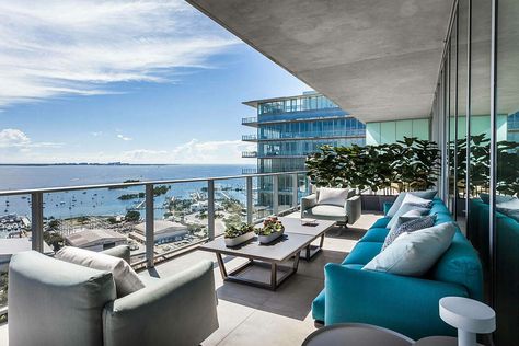 Groove at Grand Bay by Andrea Chicharo Earthy Materials, Mansion Rooms, House Terrace, Roof Terrace Design, Balcony Design Ideas, Miami Condo, Terrace Decor, Miami Houses, Casas Coloniales