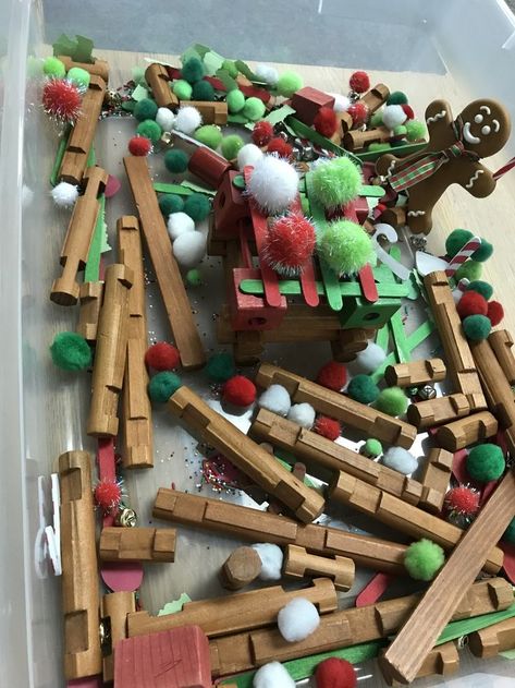 Gingerbread Block Center Preschool, Deck The Halls Preschool Activities, Christmas Home Living Center Preschool, Kindergarten Gingerbread House, Prek Christmas Sensory Bin, Gingerbread Block Center, Gingerbread Sensory Preschool, December Reggio Activities, Sensory Table Christmas Ideas