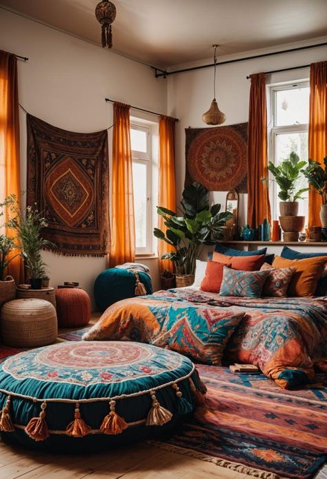 Funky Floor Seating Styles 0 Bougainvillea Patio, Mexican Style Bedroom, Colorful Boho Bedroom Ideas, Pallet Bed With Lights, Colorful Boho Bedroom, Floor Seating Living Room, Arranging Furniture, Boho Bedrooms, Chic Nightstand