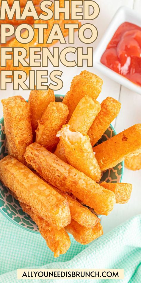 Overhead shot of bowlful of golden, crispy-on-the-outside, soft-on-the-inside mashed potato French fries. Fried Potato Croquettes, Fair Fries Recipe, Better Than French Fries Potatoes, Crispy Potato Rings, Crispy Potato Wedges In Oven, Potato Noche Recipe, Mash Potato Fries, French Fry Ideas, Stuffed French Fries