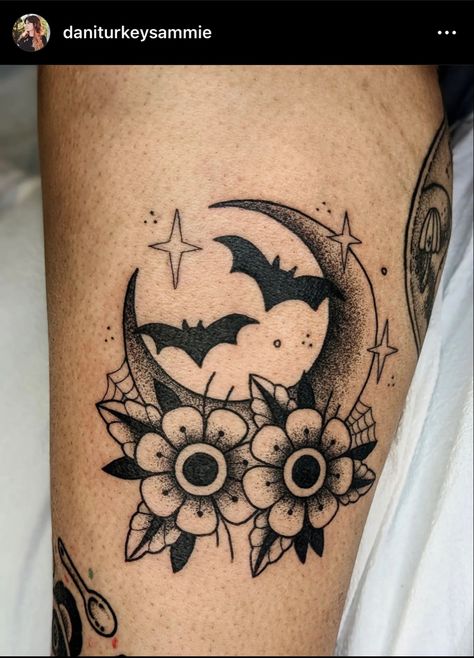 Halloween Girly Tattoos, Spooky Elbow Tattoos For Women, Halloween Shoulder Tattoos For Women, Spooky Theme Tattoo, Cosmos Flower Tattoo Traditional, Traditional Flash Art Tattoo, October Tattoo Ideas Halloween, Tattoo Ideas Female Halloween, American Traditional Tattoos Spooky