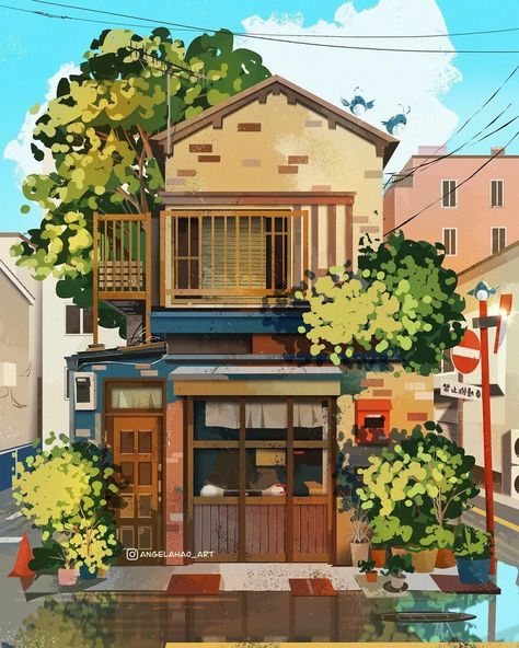 The Most Charming Facades Created Digitally By Artist Angela Hao Japanese House Art, Angela Hao, Japanese House Drawing, Japanese Houses, Japanese Shop, Building Painting, Watercolor Architecture, Building Illustration, Isometric Art