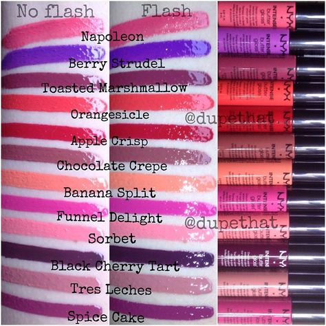 “To ease your shopping, we decided to provide you with a little swatch chart of all twelve of the NEW NYX Intense Butter Glosses! They're around $6 which…” Nyx Gloss, Nyx Intense Butter Gloss, Chocolate Crepes, Lip Colours, Butter Gloss, Lip Swatches, Makeup Clothes, Lipstick Swatches, Makeup To Buy