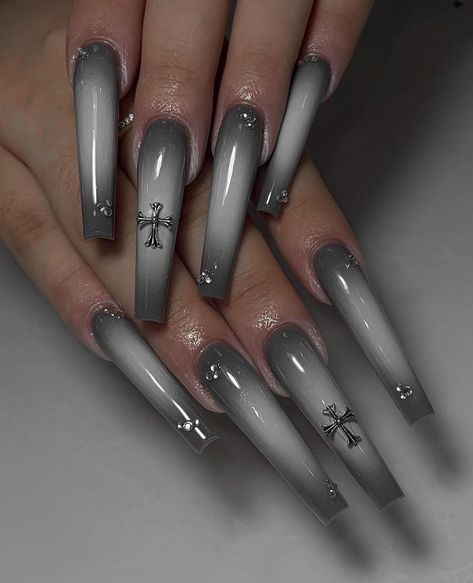 nailsbysophia17 on ig Cool Nail Inspo 2024 Square, Black Long Nails Ideas, Grey Day Nails G59, Dark Long Nails, Greyday Nails, Rapper Nails, Chola Nails Designs, Street Style Nails, Gray Nails Acrylic