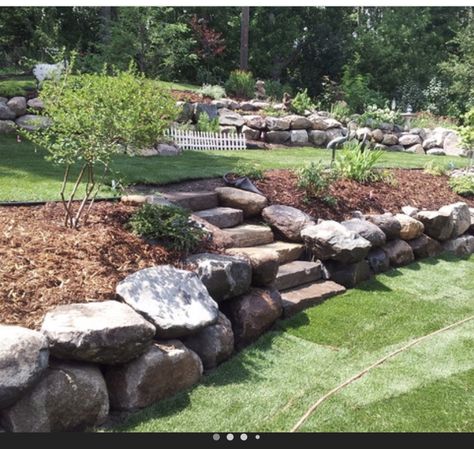 Lake Landscaping, Sloped Backyard Landscaping, Landscaping A Slope, Large Backyard Landscaping, Sloped Backyard, Landscaping With Boulders, Landscaping Retaining Walls, Hillside Landscaping, Sloped Garden