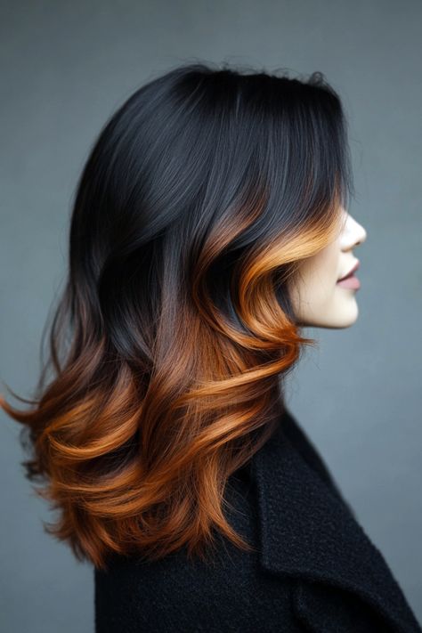 Two-tone hair colors provide brunettes with a creative way to express their look, especially when working with shorter cuts. Warm highlights in shades like caramel or honey create contrast, while cool tones such as silver or pastel hues give an edgy twist. Dip-dye, where the ends are tinted with bold color, or balayage that blends seamlessly, are popular options. This technique adds both dimension and a refreshed appearance, perfect for anyone seeking a new style. Color Blocking Hair Underneath, Unique Black Hair Color, Black To Auburn Ombre, Fall Hair Dye Ideas For Blondes, Alternative Brunette Hair, Copper Dip Dye Hair, Copper Color Blocking Hair, Dark Hair Color Inspiration, Copper Teal Hair