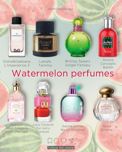 🍉 Watermelon perfumes for women 🍉 ▫️ Dolce&Gabbana L’Imperatrice 3 — probably the most popular watermelon perfume, and my personal favourite. Very uplifting, juicy and perfect for summer. ▫️ Lattafa Tamima — I feel like this affordable Arabian scent was heavily inspired by the previous one. ▫️ Britney Spears Jungle Fantasy — a fresh but shampoo-like scent with watermelon, water lily and yuzu. ▫️ Aroma Concepts Batikh — one of the most trending watermelon scents. It’s a very affordable... Perfume For Summer For Women, Watermelon Scented Products, Watermelon Perfume, Perfume Recommendation, Watermelon Fragrance, Watermelon Scent, Fruit Perfumes, Fantasy Perfume, Candy Perfume