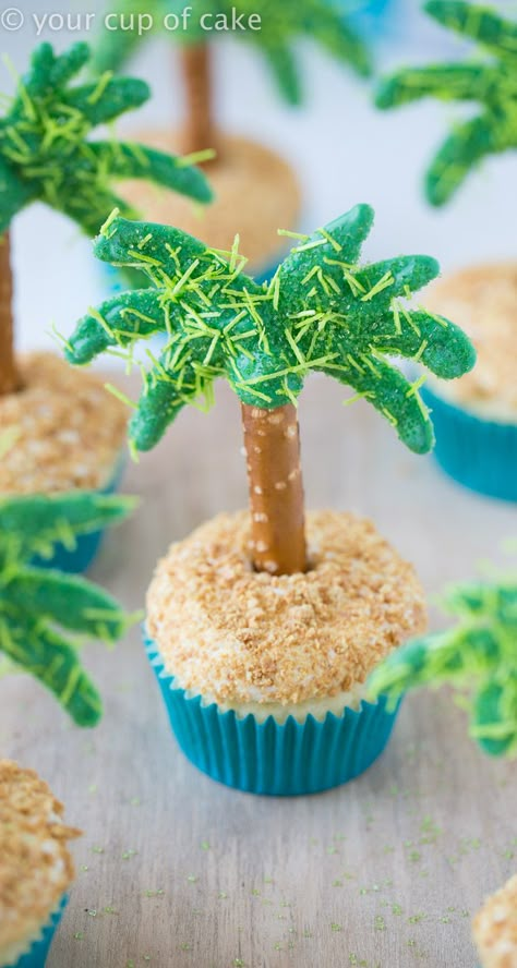 ​﻿​​​Palm Tree Cupcakes - Your Cup of Cake Edible Palm Trees For Cakes, Palm Tree Pretzel Rods, Moana Cupcake Ideas, Tree Pretzels, Beach Desserts, Hawaiian Cupcakes, Palm Tree Cakes, Cutest Cupcakes, Cup Of Cake