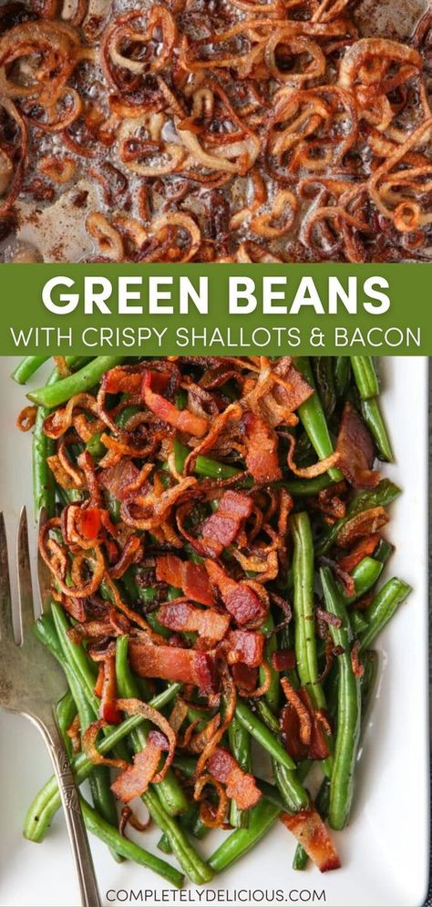 Green beans with crispy shallots and bacon is a very simple, but sophisticated side dish. While a little bit fancy, these green beans are still easy to make, with just a few ingredients and less than 30 minutes needed. Serve this dish at your next dinner party or holiday gathering! | green bean side dish recipes | green bean side dishes | thanksgiving green beans | thanksgiving green bean recipes | green beans with shallots | green beans with bacon | best green beans recipes | vegetable recipes Green Bean Recipe With Bacon, Best Green Bean Recipe Thanksgiving, String Beans Recipe Thanksgiving, Thanksgiving Recipes Side Dishes Veggies Green Beans, Fresh Green Bean Recipes With Bacon, Green Beans For Thanksgiving Dinner, Mushroom And Green Bean Recipe, Sauteed Green Beans With Bacon, Green Bean Recipes Bacon