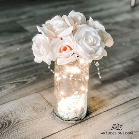 Diy Flower Chandelier, Lighted Wedding Centerpieces, Fairy Light Wedding, Fake Flower Centerpieces, Fairy Lights Diy, Flower Fairy Lights, Wedding Centerpieces Mason Jars, Fairy Lights Wedding, Lighted Centerpieces