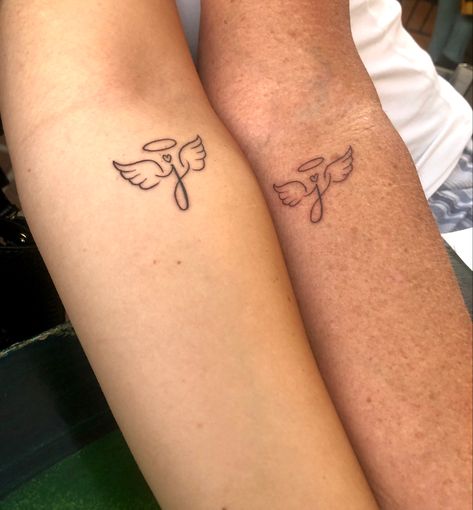 J Angel Wing Tattoo, J With Angel Wings Tattoo, Angel Sibling Tattoo, Matching Angel Wing Tattoos, Small Tattoo Ideas Angel, Angel Finger Tattoo, Angel Matching Tattoo, Small Angel Tattoos For Women, Kami Tattoo