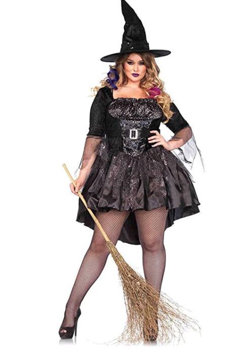 Sparkly black short plus size witch Halloween costume Hellooooo, legs! This plus size high/low dress with foil star ruched bodice and tattered glitter tulle skirt accent to have you ready to conjure up some toil and trouble. Leg Avenue Costumes, Diy Costumes Women, Plus Size Costume, Plus Size Halloween Costume, Plus Size Costumes, Witch Dress, Plus Size Halloween, Witch Costume, Leg Avenue