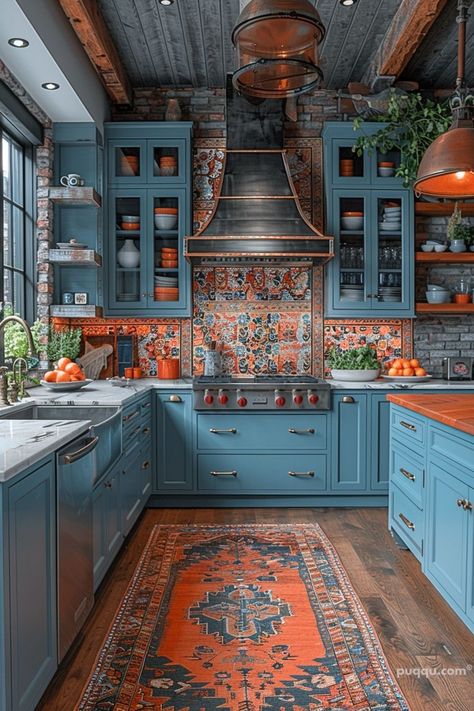 Discover the charm of Spanish-style kitchen ideas. From vibrant colors to rustic accents, explore inspiration and tips to bring the warmth and elegance of Spanish design into your home. Spanish Inspired Kitchen, Mexican Casa, Blue Kitchen Designs, Spanish Style Kitchen, Turquoise Kitchen, Cabin Kitchen, Bohemian Kitchen, Beautiful Kitchen Designs, Kitchen Hoods