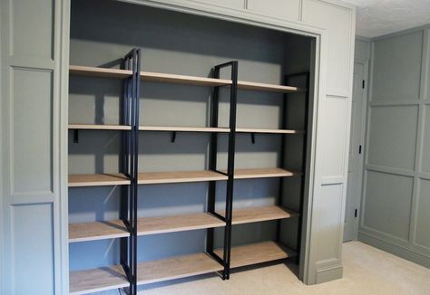 Using Bookcases in a Bedroom Closet - Chris Loves Julia Turn Closet Into Mudroom, Closet Into Mudroom, Turning A Bedroom Into A Closet, Closet Bookshelves, Converted Closet, Guest Bedroom Colors, Ikea Closet Hack, Make A Closet, Space Saving Shelves