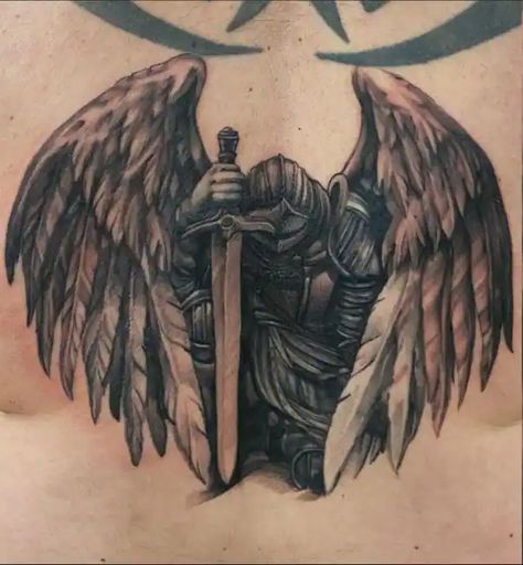 Guardian Tattoo For Men, God Protection Tattoo, Double Image Tattoo, Guardian Tattoo Designs, Avenging Angel Tattoo, Protector Tattoo For Men, Mens Guardian Angel Tattoo, Celtic Angel Tattoo, Arc Angel Tattoo