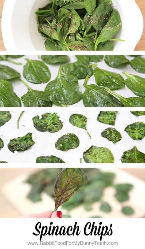 SPINACH CHIPS // vegan, gluten-free, low-calorie // baked with only 4 ingredients // 2 large handfuls of spinach, 1 Tbsp olive oil, 1/2 Tbsp Italian herb seasoning, 1/8 tsp sea salt // Bake at 350 for 9-12 minutes Spinach Chips, Bunny Teeth, Low Calorie Baking, Ripped Recipes, Herb Seasoning, Kale Chips, Rabbit Food, Spinach Recipes, Veggie Dishes