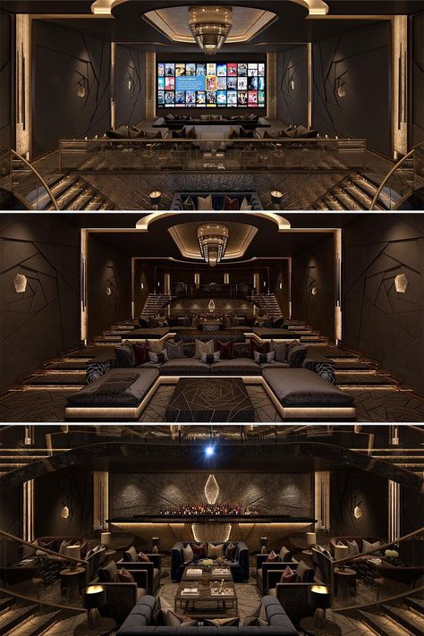 Luxury home cinema with bronze velvet walls and staircases leading to multiple levels and lounges Gym At Home Ideas, Luxury Home Cinema Room, Mini Gym At Home, Mini Gym At Home Ideas, Movie Theater Rooms, Home Theater Room Design, Theater Room Design, Mini Gym, Cinema Design