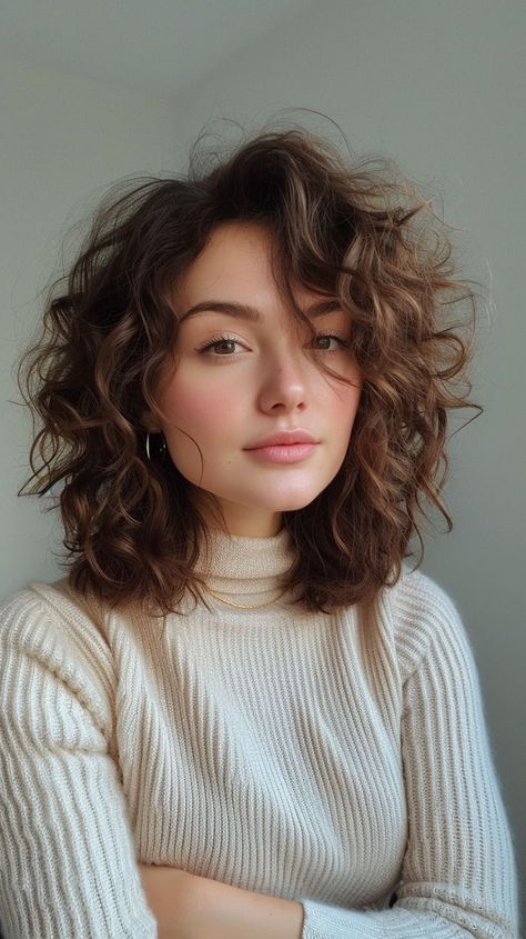 Wavy Hair Bangs Round Face Curly Haircuts, Short Curly Haircuts For Long Faces, Shoulder Length Curly Hair Side Part, Curly Haircut Side Part, Short Wavy Hairstyles For Women Round Face, Thick Wavy Hair Haircut, Curly Haircut Medium Length, Short Curly Haircuts Round Face, 2b Short Hair