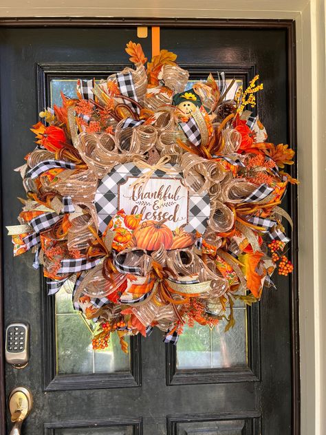 Fall Ribbon Wreath, Thankful Wreath, Ribbon Wreath Diy, Diy Wreath Bow, Fall Door Decor, Fall Mesh Wreaths, Fall Deco Mesh Wreath, Mesh Ribbon Wreaths, Fall Decor Wreaths