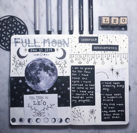 Moon Journal, Creation Art, Art Journal Therapy, Bullet Journal Design Ideas, Bullet Journal Themes, Bullet Journal Writing, Bullet Journal Art, Journal Themes, Journal Aesthetic