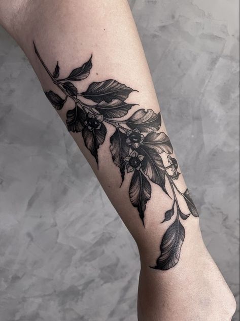 Botanical Tattoo Cover Up, Floral Back Of Arm Tattoo, Gothic Leaves Tattoo, Dark Vine Tattoo, Illustrative Floral Tattoo, Botanical Blackwork Tattoo, Knee Tattoo Cover Up, Goth Nature Tattoo, Dark Leaves Tattoo