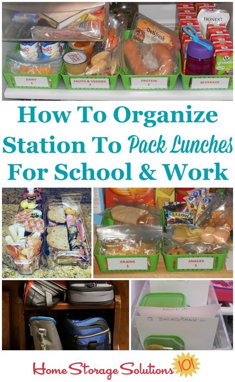 Here is how to create and organize a station in your kitchen to pack lunches for school and work, to make the process easier, more efficient, and less time consuming for your whole family {on Home Storage Solutions 101} #PackLunches #BackToSchool #LunchIdeas Lunch Station Organization, Grab And Go Lunch Station, Cheap Practical Lunch Bag With Multiple Compartments, Functional Portable Organizers For School, Organize Condiment Packets, Lunch Packing Station, Lunch Station, Cooking Organization, Lunches For School