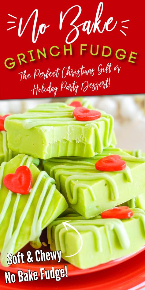 No Bake Grinch Fudge! Easy Soft and Chewy Grinch Christmas Fudge Recipe! One of my favorite Holiday Desserts for Christmas Parties or Grinch Parties! Make this for friends, co-workers, and neighbors for a cheap and easy gift idea! #lemonpeony #giftidea #grinchfudge #greenfudge #christmasfudge Grinch Christmas Goodies, Grinch Fudge Easy, Easy Cheap Christmas Treats, Grinch Baking Ideas, Grinch Baked Goods, Christmas Fudge Recipes Holiday Gifts, Grinch Fudge Recipe, Grinch Deserts, Grinch Christmas Desserts