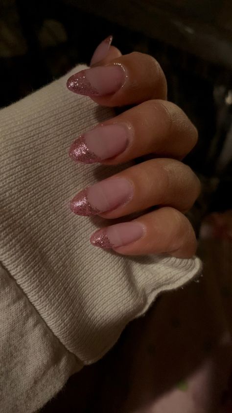 Dusty Rose Nails French Tip, Light Pink Sparkly French Tip Nails, Pink Sparkly French Tip Nails Almond, Pink Sparkly French Tips, Sparkly Pink French Tips, Pink French Tips Almond, Pink Sparkly French Tip Nails, Almond Round Nails, Pink Glitter French Tip Nails