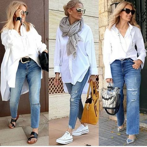 Oversized White Shirt, Casual Chic Outfits, White Shirt Outfits, Most Comfortable Jeans, Stylish Outfits For Women Over 50, Jeans Outfit Women, Elegante Casual, Outfit Jeans, Over 50 Womens Fashion