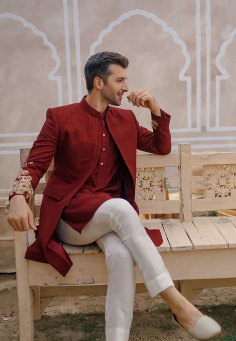 Red Indian Outfit, Red Sherwani, Sadaf Fawad Khan, Fawad Khan, Sherwani For Men Wedding, Groom Dress Men, Mens Wedding Attire, Groom Wedding Attire, Sherwani For Men