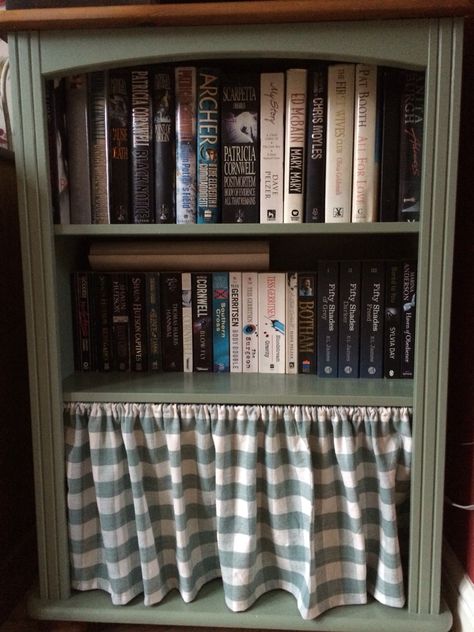 Curtains On Bookshelves, Bookshelf Curtain, Upcycled Bookshelf, Hiding Storage, Bedroom Alcove, Office Upgrade, Bookshelf Makeover, Bookcase Makeover, Shelves Ideas