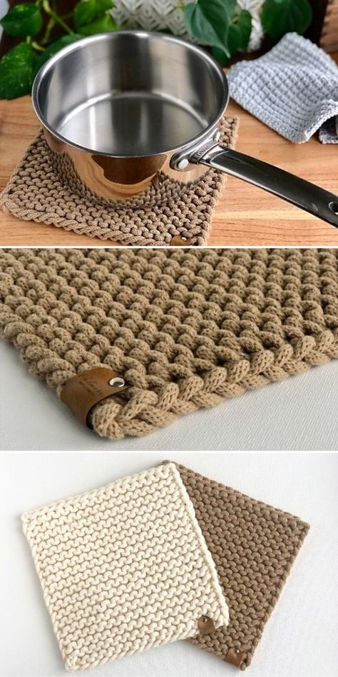 Easy Knit Coasters, Crochet Patterns With Macrame Cord, Macrame Potholder, Crochet Rope Trivet, Yarn Holders, Knitting With Macrame Cord, Macrame Pot Holder Hot Pads, Practical Diy Projects, How To Knit A Pot Holder