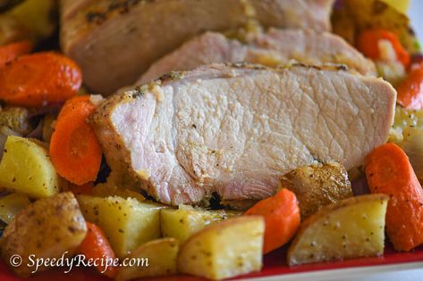 Roasted Pork Loin with Potato and Carrots - speedyrecipe.com Pork Loin With Potatoes, Beef Nilaga Recipe, Pork Nilaga, Baked Pork Loin, Pork Roast With Apples, Boneless Pork Loin Roast, Roasted Pork Loin, Roasted Potatoes And Carrots, Pork Loin Roast Recipes