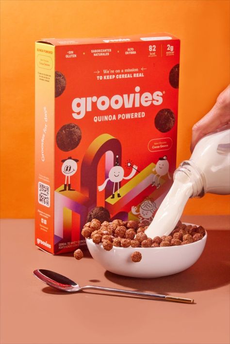 Commercial Product Photography for Groovies, a cereal brand. Super vibrant, colorful and great "ready to eat" compositions. Oatmeal Product Photography, Cereal Box Photography, Cereal Branding Design, Cereal Creative Ads, Cereal Product Photography, Retro Product Photography, Packaged Food Product Photography, Cereal Branding, Cereal Photoshoot