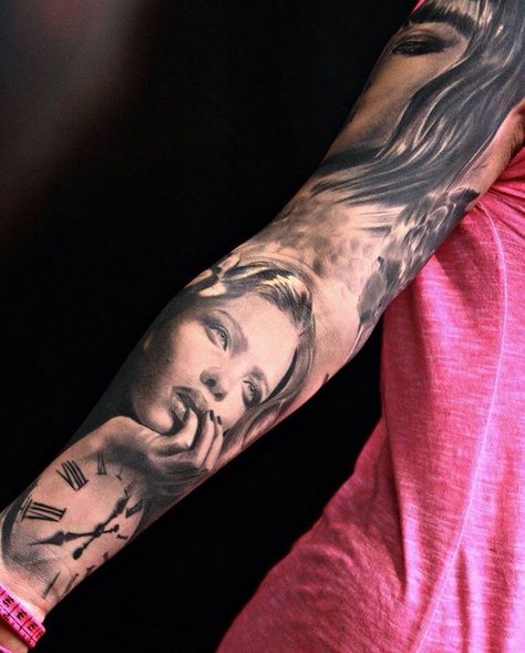 Greyscale sleeve portrait tattoo Portrait Tattoo Ideas, Tattoo Ideas Forearm, Portrait Tattoo Sleeve, Tattoo Festival, Amsterdam Tattoo, Realistic Tattoo Sleeve, Wild Tattoo, Back Of Shoulder Tattoo, Incredible Tattoos