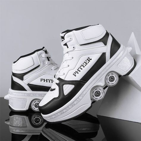 Shoes Roller Skate, Shoes With Roller Skates, Kasut Aesthetic, Roller Shoes Sneakers, Roller Skates Shoes, Kick Roller Shoes, Retractable Wheels, Sneakers With Wheels, Roller Skating Outfits