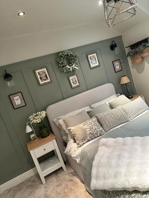 Panelling In Small Bedroom, Green Paneling Bedroom, Green Bedroom With Panelling, Feature Kitchen Wall, Bedroom Shaker Panelling, Bedroom White Furniture Color Schemes, Green Panel Bedroom, Bedroom Inspo Panelling, Grey Bed Green Wall