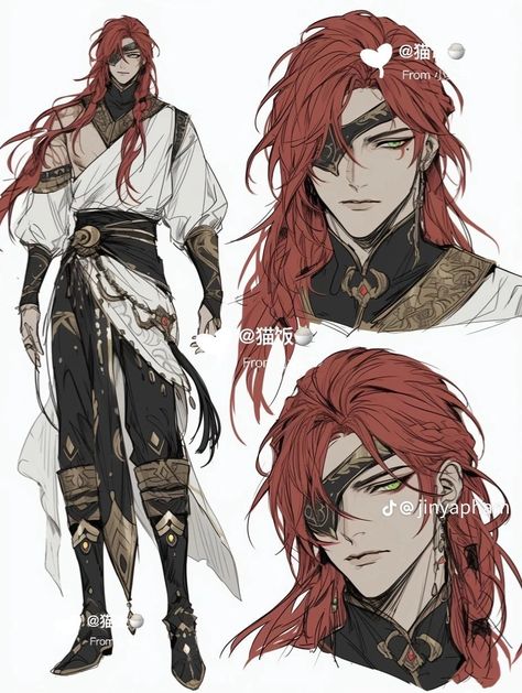 Man With Red Hair Art, Long Red Hair Male, How To Draw Long Hair Male, Prince Pose Reference, Outfit Design Male, Long Hair Male Character, Oc Art Character Design Male, Rpg Character Art Male, Male Hair Reference Drawing