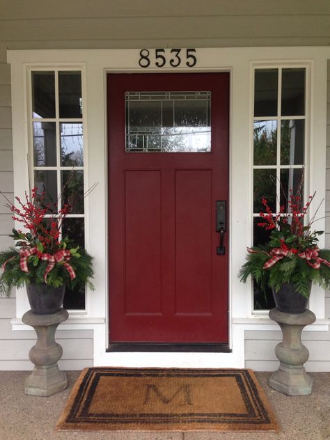 Porch pots - fernhill holly farms lodgepole style. Love them! Cottage Front Doors, Winter Front Porch, Red Front Door, Front Door Makeover, Contemporary Front Doors, Front Door Paint Colors, Door Colors, Front Porch Design, Door Paint Colors