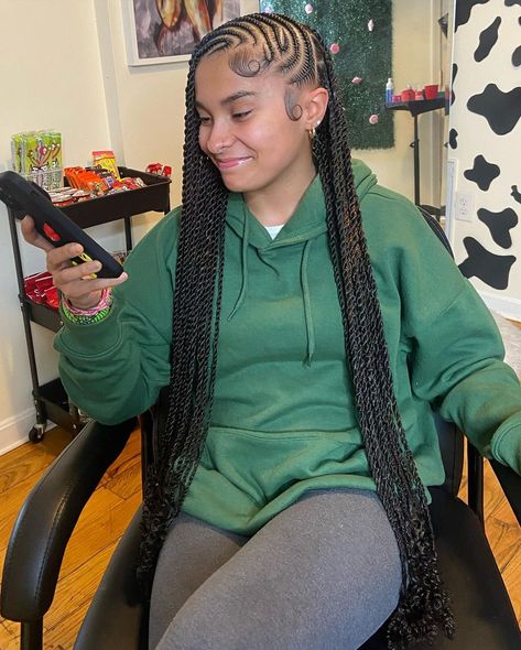 Book this look: Island Twists + half fulani + waist length + curls at ends. ⭐️ JAN. IS BOOKED! February bookings open January 28… | Instagram Feedin Cornrows, Island Twist, Feed In Braids Hairstyles, Protective Hairstyles Braids, Feed In Braid, Pretty Braided Hairstyles, Braids With Curls, Braided Hairstyles Updo, Braids For Black Women