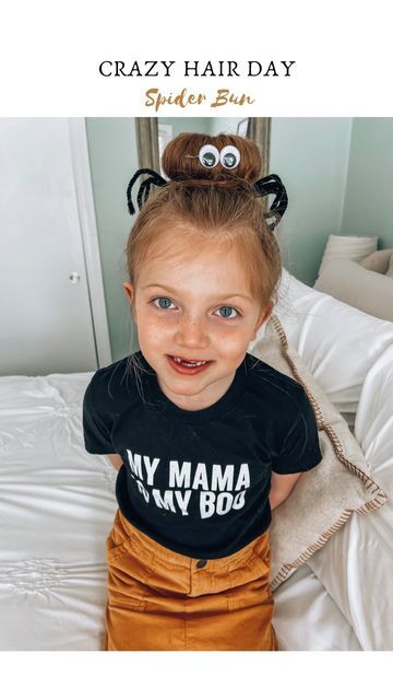 Crazy Hair Day Spider Bun, Crazy Hair Day Space Buns, Spooky Crazy Hair Day, Spider Bun Hair, Boo Buns Hair Kids, Ghost Hair Buns, Spider Hair Bun, Ghost Buns Hair, Toddler Crazy Hair Day